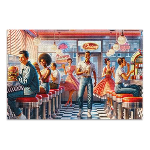 Puzzle 1000 Teile für Erwachsene, Retro American Burger Shop Familie Puzzle Spaß Spiel für Männer Frauen, Fertige Größe 29,5 x 19,7 Zoll von CHIFIGNO