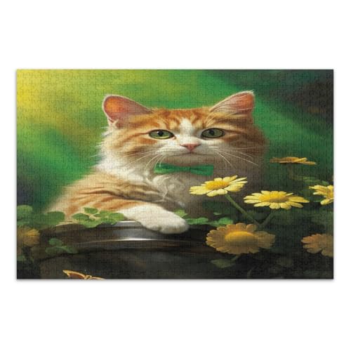 Puzzle 1000 Teile für Erwachsene, St. Patrick's Day Katze mit Blumen, coole Puzzles, lustige und farbenfrohe Wandkunst, fertige Größe 75 x 50 cm von CHIFIGNO
