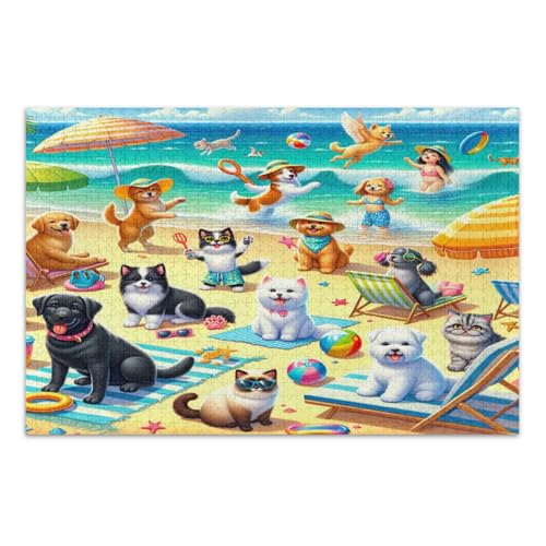 Puzzle 500 Teile, Hunde und Katzen am Sommer Strand Familienpuzzle Pädagogisches intellektuelles Puzzle, fertige Größe 20,5 x 14,9 Zoll von CHIFIGNO