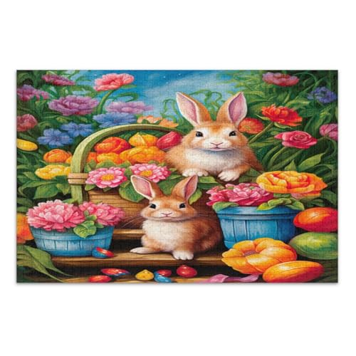 Puzzle 500 Teile Erwachsene, Niedliche Hasen Frühling Blumen Lustiges Puzzle Weißer Elefant Geschenkideen, Fertige Größe 20,5 x 14,9 Zoll von CHIFIGNO