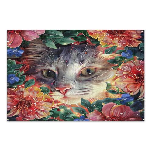 Puzzle Katze mit Blumen, 1000 Teile, Familienpuzzle, lustige und farbenfrohe Kunstwerke, fertige Größe 75 x 50 cm von CHIFIGNO