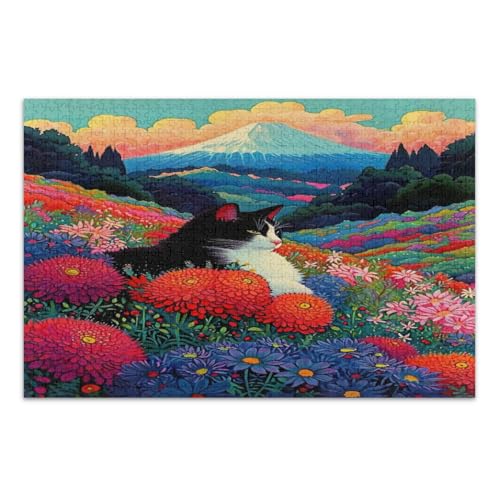Puzzle Katze mit Blumen, 500 Teile, lustige und farbenfrohe Wandkunst, einzigartige Puzzles, fertige Größe 50,5 x 37,8 cm von CHIFIGNO