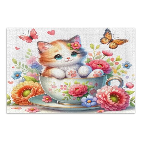 Puzzle für Erwachsene, niedliche Katze, die in einer Teetasse sitzt, Familienpuzzle, lustige und farbenfrohe Wandkunst, fertige Größe 50,5 x 37,9 cm, 500 Teile von CHIFIGNO