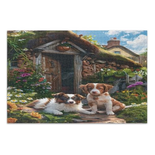 Puzzle mit 1000 Teilen, Bauernhaus-Hunde, Blumen, lustige und farbenfrohe Kunstwerke, Heimdekoration, fertige Größe 75 x 50 cm von CHIFIGNO