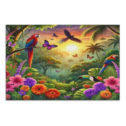 Puzzle mit 1000 Teilen für Erwachsene, lebendige tropische Blumen Papageien, lustiges Spiel für Männer und Frauen, fertige Größe 75 x 50 cm von CHIFIGNO