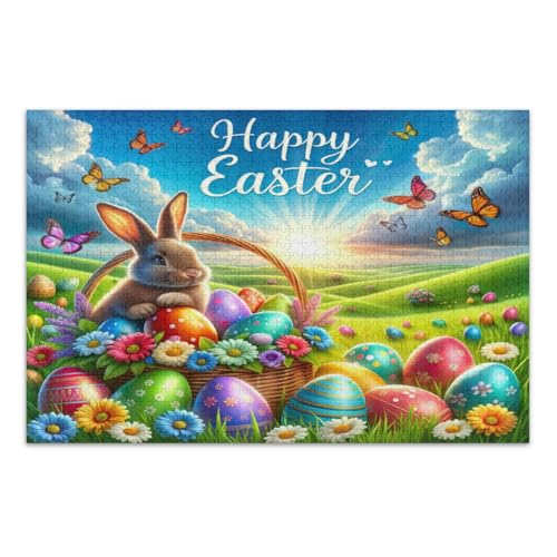 Puzzle mit Osterhasen und farbigen Eiern, 1000 Teile, lustige Puzzles, tolle Geschenkidee für Feiertage, fertige Größe 75 x 50 cm von CHIFIGNO