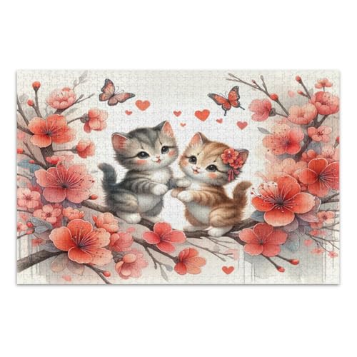 Puzzle mit niedlichen Katzen mit roten Blumen, 1000 Teile, Familienpuzzle, lustige und farbenfrohe Wandkunst, fertige Größe 51,8 x 37,9 cm von CHIFIGNO