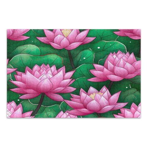 Puzzle mit rosa Lotusblumen mit grünen Blättern, 1000 Teile, Familienpuzzle, lustige und farbenfrohe Wandkunst, fertige Größe 75 x 50 cm von CHIFIGNO