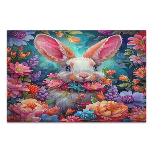 Puzzles, 1000 Teile, Osterhase mit Blumen, coole Puzzles, lustige und farbenfrohe Kunstwerke, fertige Größe 75 x 50 cm von CHIFIGNO