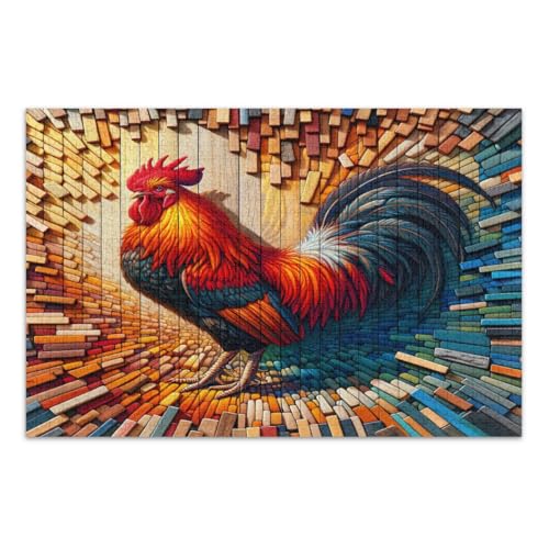 Puzzles, 500 Teile, ein Hahn auf bunten Holzbrettern, lustige und farbenfrohe Kunstwerke, fertige Größe 50,5 x 37,9 cm von CHIFIGNO