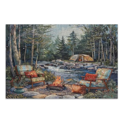 Puzzles 1000 Teile, Camping-Szene, einzigartige Puzzles, lustige und farbenfrohe Kunstwerke, Heimdekoration, fertige Größe 75 x 50 cm von CHIFIGNO