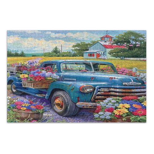Puzzles 1000 Teile für Erwachsene, Blauer LKW mit Blumen Schwierige Puzzles Wunderbare Puzzle-Geschenke für Frauen Männer, Fertige Größe 29,5 x 19,7 Zoll von CHIFIGNO