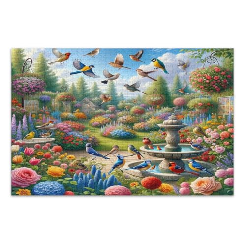 Puzzles 1000 Teile für Erwachsene, Gartenbrunnen Vögel, bunte Blumen, lustige Puzzles, herausforderndes Puzzle für Spieleabende, fertige Größe 75 x 50 cm von CHIFIGNO