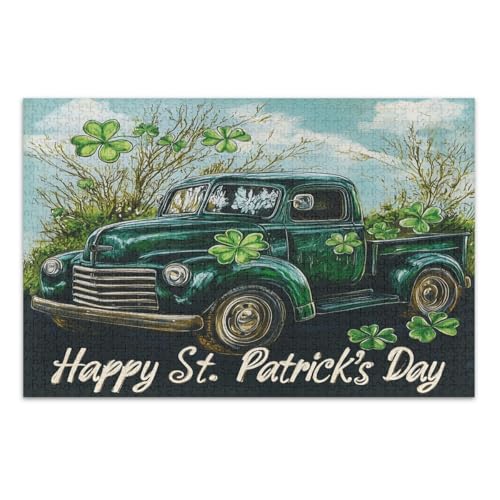 Puzzles 1000 Teile für Erwachsene, St. Patrick's Day, Retro-Truck, Kleeblatt, lustiges und farbenfrohes Kunstwerk, fertige Größe 75 x 50 cm von CHIFIGNO
