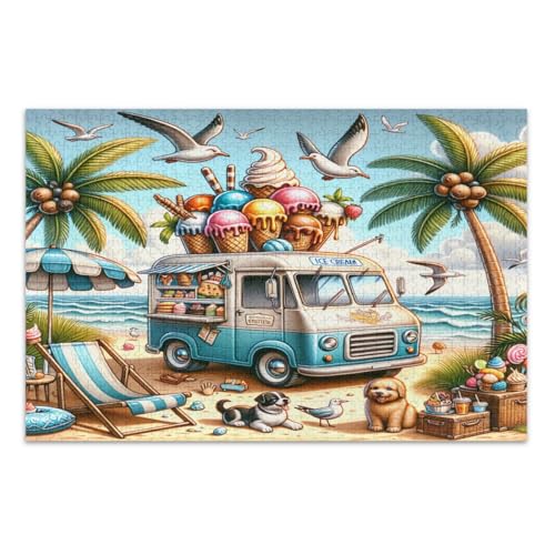 Puzzles 1000 Teile für Erwachsene, Strand-Food-Trucks, Eiswagen, einzigartige Puzzles, lustige und farbenfrohe Kunstwerke, fertige Größe 75 x 50 cm von CHIFIGNO