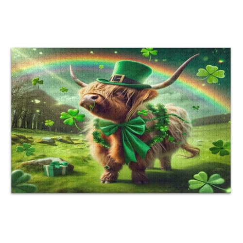 Puzzles für Erwachsene, 1000 Teile, St. Patrick's Day Highland Cattle Green, coole Puzzles, lustige und farbenfrohe Kunstwerke, Heimdekoration, fertige Größe 75 x 50 cm von CHIFIGNO