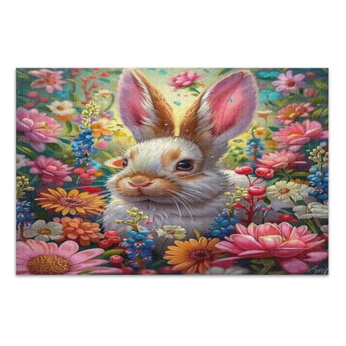 Puzzles für Erwachsene 1000 Teile, Osterhase mit Blumen Familie Puzzles Weißer Elefant Geschenkideen, Fertige Größe 29,5 x 19,7 Zoll von CHIFIGNO