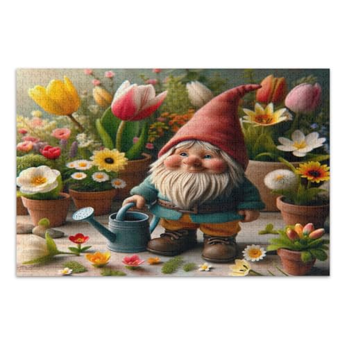 Puzzles mit 500 Teilen, niedlicher Zwerg und Blumen, einzigartige Puzzles, lustige und farbenfrohe Kunstwerke, fertige Größe 50,5 x 37,8 cm von CHIFIGNO
