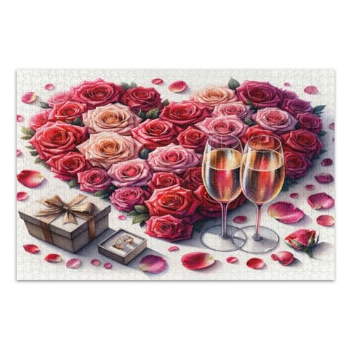 Rosenblätter Champagnergläser Herzen 1000 Teile Puzzle Abschluss oder Geburtstagsgeschenk Einzigartige Puzzles, Fertige Größe 29,5 x 19,7 Zoll von CHIFIGNO
