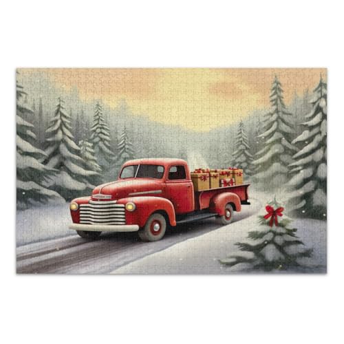 Rotes Vintage-LKW-Puzzle für Erwachsene, 1000 Teile, Familienpuzzle, lustige und farbenfrohe Kunstwerke, fertige Größe 75 x 50 cm von CHIFIGNO
