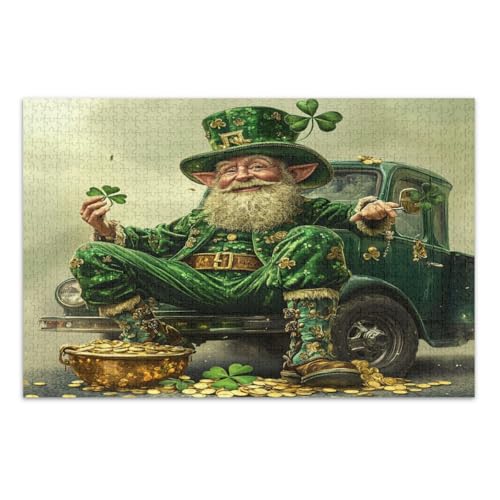 St. Patrick's Day Gnome Green Truck 1000 Teile Puzzle Herausforderndes Puzzle für Spieleabende Lustige Puzzles, Fertige Größe 29,5 x 19,7 Zoll von CHIFIGNO