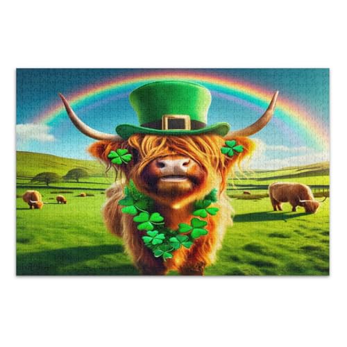 St. Patrick's Day Hochlandrinder grünes Puzzle für Erwachsene, 1000 Teile, Familienpuzzle, lustige und farbenfrohe Wandkunst, fertige Größe 75 x 50 cm von CHIFIGNO