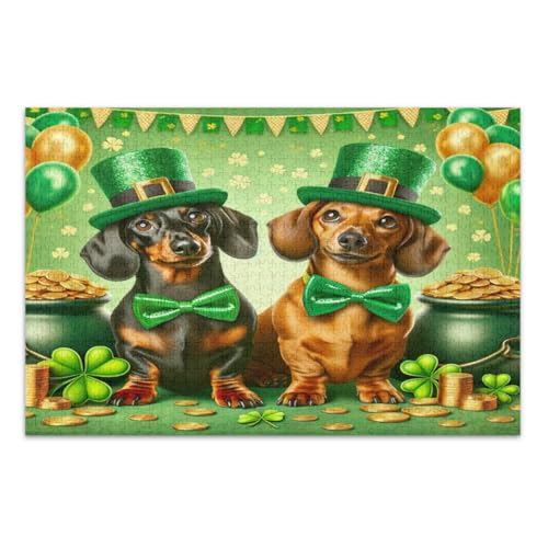 St. Patrick's Day Hunde-Puzzle, 1000 Teile, Familienpuzzle, lustiges und farbenfrohes Kunstwerk, fertige Größe 75 x 50 cm von CHIFIGNO