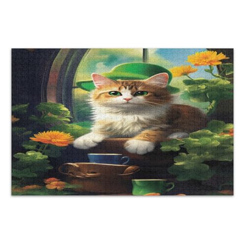 St. Patrick's Day Katzen-Puzzles 1000 Teile Familie Puzzles Wunderbare Puzzle Geschenke für Frauen Männer, Fertige Größe 29,5 x 19,7 Zoll von CHIFIGNO