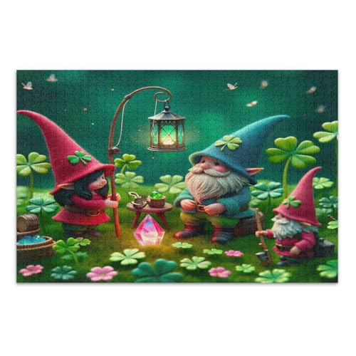 St. Patrick's Day Kleeblatt-Zwerge, Puzzle, 1000 Teile, coole Puzzles, lustige und farbenfrohe Kunstwerke, Heimdekoration, fertige Größe 75 x 50 cm von CHIFIGNO