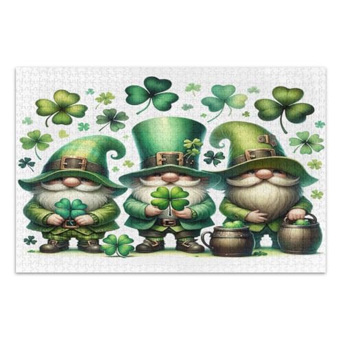 St. Patrick's Day Zwerge mit Kleeblatt 1000 Teile Puzzle für Erwachsene, Coole Puzzles Wunderbare Puzzle Geschenke für Frauen Männer, Fertige Größe 29,5 x 19,7 Zoll von CHIFIGNO