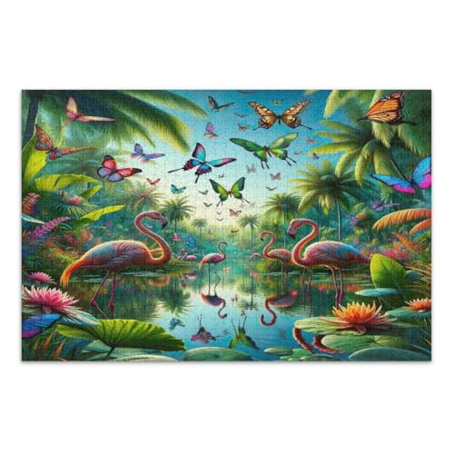 Tropische Flamingos und Schmetterlinge, Puzzle, 1000 Teile, schwierige Puzzles, lustige und farbenfrohe Kunstwerke, fertige Größe 75 x 50 cm von CHIFIGNO
