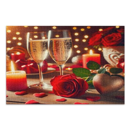 Valentinstag Champagnergläser Rote Rosen 1000 Teile Puzzle für Erwachsene, Coole Puzzles Herausfordernde Familienaktivität, Fertige Größe 20,5 x 14,9 Zoll von CHIFIGNO