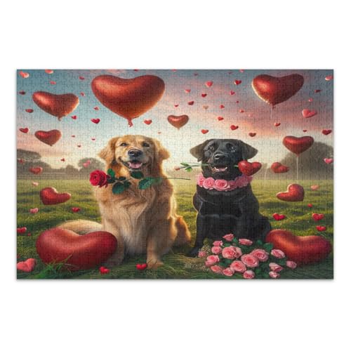 Valentinstag Hunde mit Herzen Puzzle 1000 Teile für Erwachsene Wunderbare Puzzle Geschenke für Frauen Männer Familie Puzzles, Fertige Größe 29,5 x 19,7 Zoll von CHIFIGNO