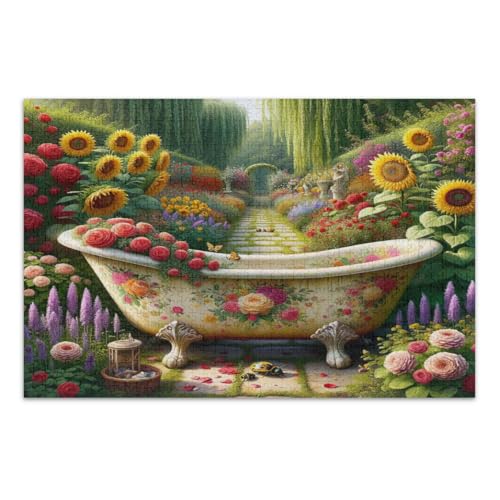 Vintage-Badewanne im bunten Garten, 1000 Teile Puzzles für Erwachsene, lustiges Spiel für Männer und Frauen, schwierige Puzzles, fertige Größe 75 x 50 cm von CHIFIGNO