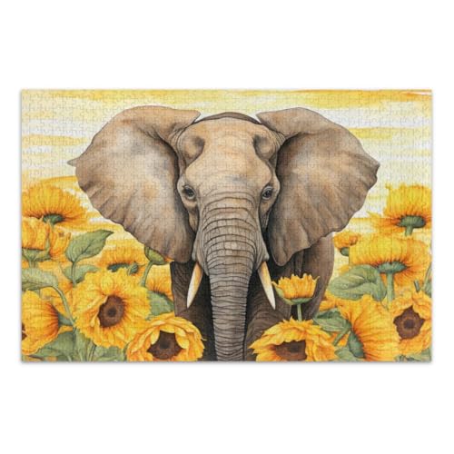 Vintage Elefant mit Sonnenblumen Puzzles 500 Teile, schwierige Puzzles pädagogisches intellektuelles Puzzle, fertige Größe 20,5 x 14,9 Zoll von CHIFIGNO