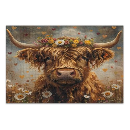 Vintage Highland Cow Daisy Flowers Puzzles für Erwachsene 1000 Teile, Lustiges Puzzlespiel für Männer Frauen, Fertige Größe 29.5 x 19.7 Zoll von CHIFIGNO
