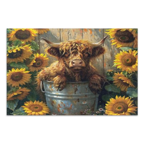 Vintage Highland Cow Sonnenblumen 1000 Teile Puzzles für Erwachsene Abschluss oder Geburtstagsgeschenk Familie Puzzles, Fertige Größe 29.5 * 19.7 Zoll von CHIFIGNO
