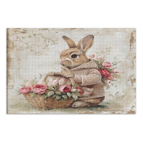 Vintage-Osterhase mit Blumen, Puzzles, 1000 Teile, einzigartige Puzzles, lustige und farbenfrohe Wandkunst, fertige Größe 75 x 50 cm Vintage-Osterhase mit Blumen, Puzzles, 1000 Teile, einzigartige Puzzles, lustige und farbenfrohe Wandkunst, fertige Größe 75 x 50 cm von CHIFIGNO
