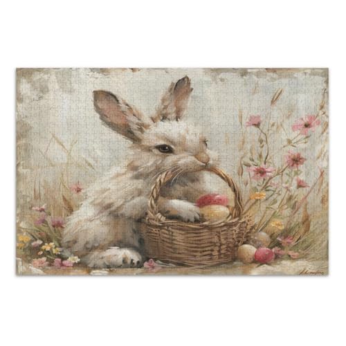 Vintage Osterhase mit Blumen 1000 Teile Puzzle Herausfordernde Familienaktivität Lustige Puzzles, Fertige Größe 75 x 50 cm von CHIFIGNO