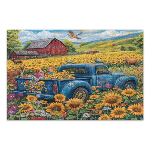 Vintage Sonnenblumen Feld Blue Truck 1000 Teile Puzzles für Erwachsene, Familienpuzzle Spaß und bunte Kunstwerke, fertige Größe 75 x 50 cm von CHIFIGNO