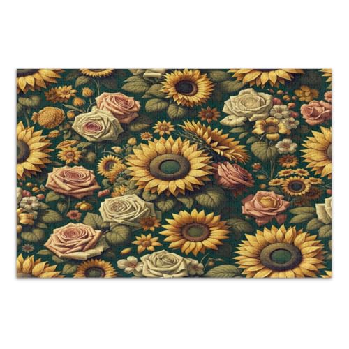 Vintage-Sonnenblumen und Rosen, 500-teiliges Puzzle für Erwachsene, lustiges Puzzle, lustige und farbenfrohe Wandkunst, fertige Größe 50,5 x 37,8 cm von CHIFIGNO