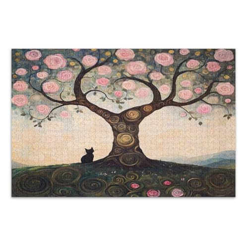 Vintage Tree Rosa Rosen Schwarze Katzen Puzzles 500 Teile für Erwachsene Herausfordernde Familienaktivität Schwierige Puzzles, Fertige Größe 20,5 x 14,9 Zoll von CHIFIGNO