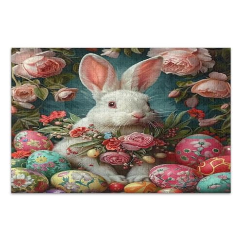 White Rabbit Pink Flowers Easter Eggs Puzzle 1000 Pieces Funny Puzzles Educational Intellectual Jigsaw Puzzle, Finished Size 29.5 x 19.7 Inch von CHIFIGNO