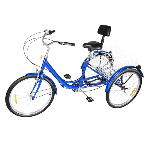 CHIMHOON 24 Zoll Dreirad, 3 Räder Fahrrad, Für Erwachsene Senioren Trike, Höhenverstellbar, Klappbar 7 Gang Dreirad Fahrrad, mit Einkaufskorb und Rückenlehne (Blau) von CHIMHOON