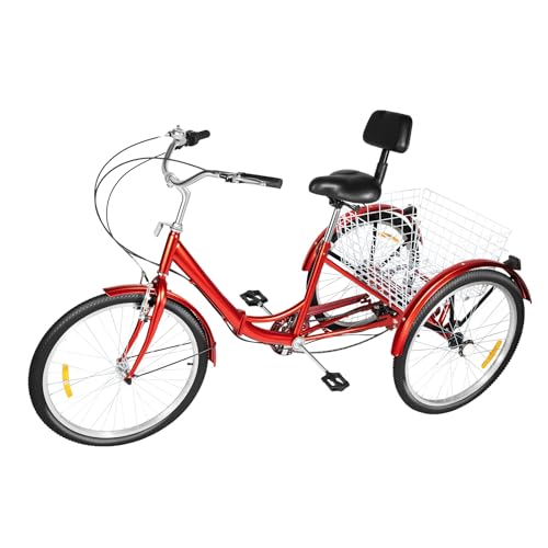 CHIMHOON 24 Zoll Dreirad, 3 Räder Fahrrad, Für Erwachsene Senioren Trike, Höhenverstellbar, Klappbar 7 Gang Dreirad Fahrrad, mit Einkaufskorb und Rückenlehne (Rot) von CHIMHOON