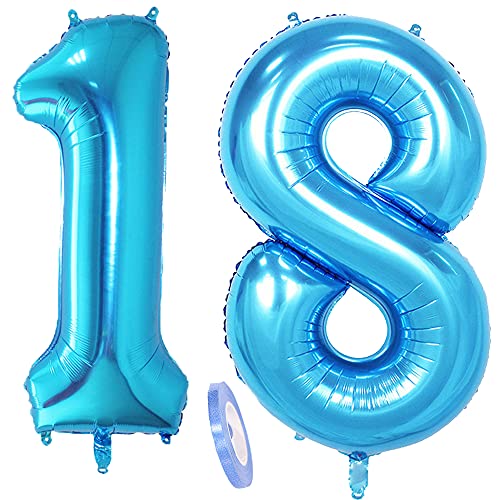 Folienballon Zahl Deko Blau 18 für Junge Jungs, XXL 100cm Riesen Nummer Aufblasbar Helium Ballon Blue Figuren Zahlen Luftballons für 18. Jahre Jungen Geburtstag Hochzeit Jubiläum Party Dekoration von CHINPING