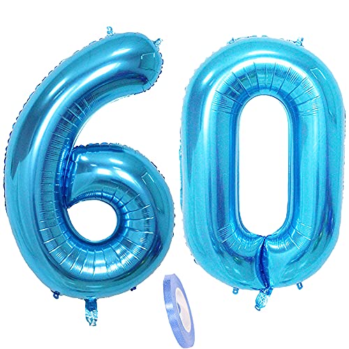 Folienballon Zahl Deko Blau 60 für Frauen Männer ,XXL 100cm Riesen Nummer Aufblasbar Helium Ballon Blue Figuren Zahlen Luftballons für 60. Jahre Mann Frau Geburtstag Hochzeit Jubiläum Party Dekoration von CHINPING