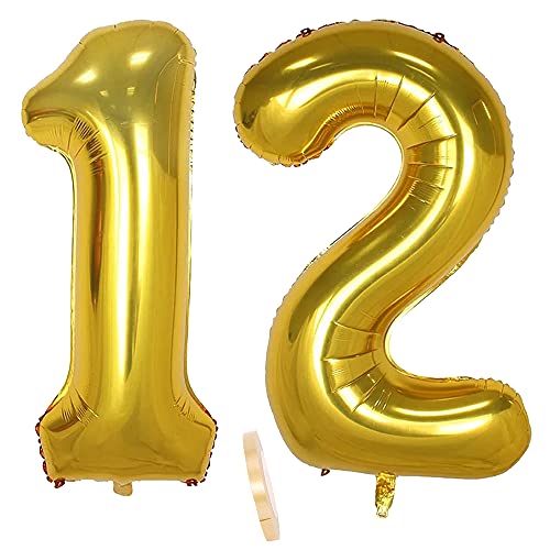 Folienballon Zahl Deko Gold 12 für Mädchen Junge Jungs,XXL 100cm Riesen Nummer Aufblasbar Helium Ballon Figuren Zahlen Luftballons für 12. Jahre Kinder Geburtstag Hochzeit Jubiläum Party Dekoration von CHINPING