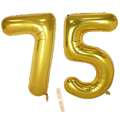 Folienballon Zahl Deko Gold 75 für Frauen Männer, XXL 100cm Riesen Nummer Aufblasbar Helium Ballon Figuren Zahlen Luftballons für 75. Jahre Mann Frau Geburtstag Hochzeit Jubiläum Party Dekoration von CHINPING