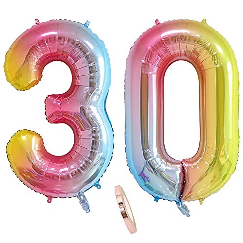 Folienballon Zahl Deko Regenbogen 30, XXL 100cm Riesen Nummer Aufblasbar Helium Ballon Rosa Bunt Schillernde Figuren Zahlen Luftballons für 30. Jahre Frau Frauen Geburtstag Jubiläum Party Dekoration von CHINPING